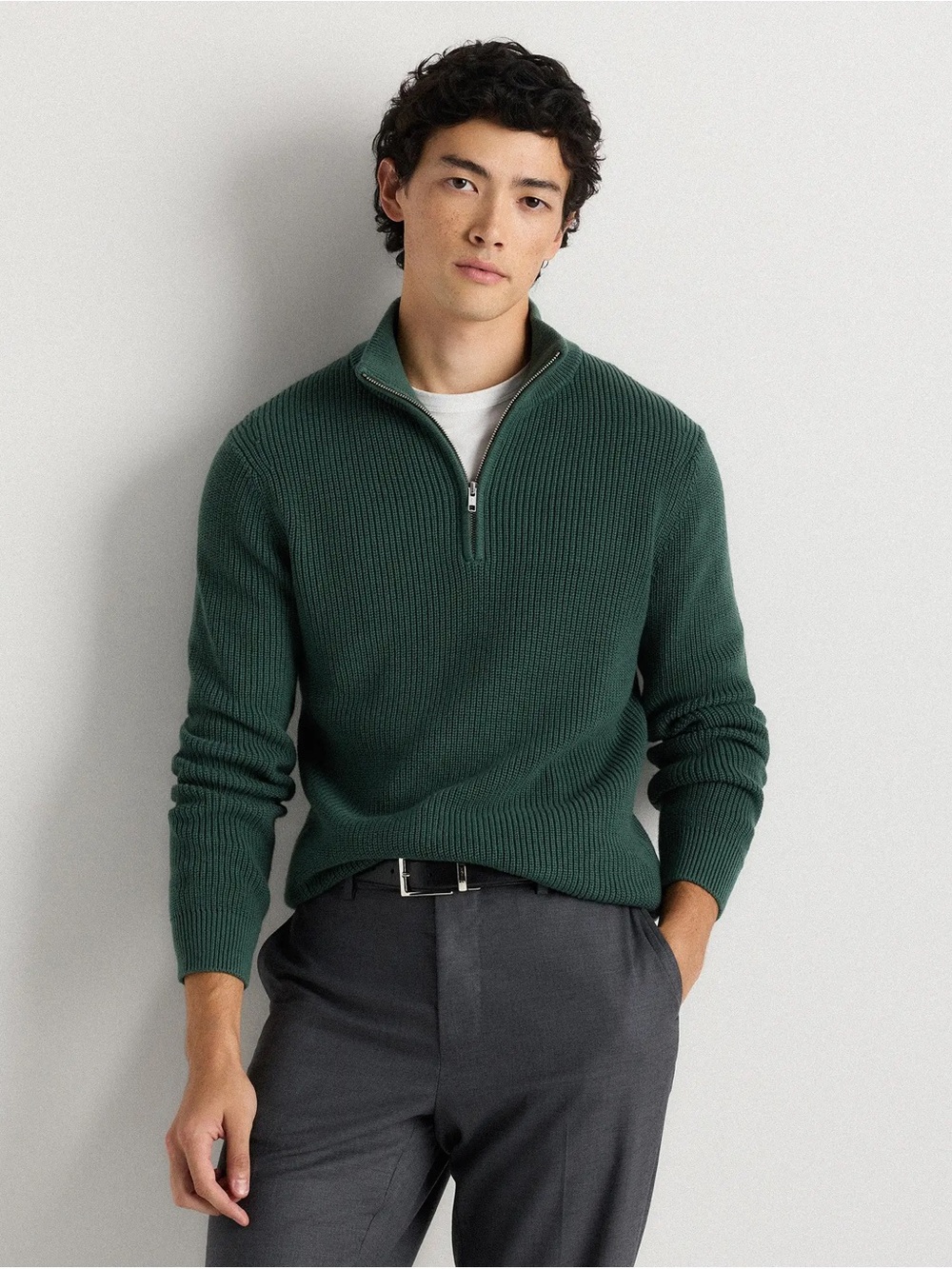 quince — organic cotton ribbed quarter-zip sweater — big sur green